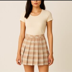 Sunday Best, plaid pleated mini skirt, Size 2, cream/tan/burnt orange, back zip